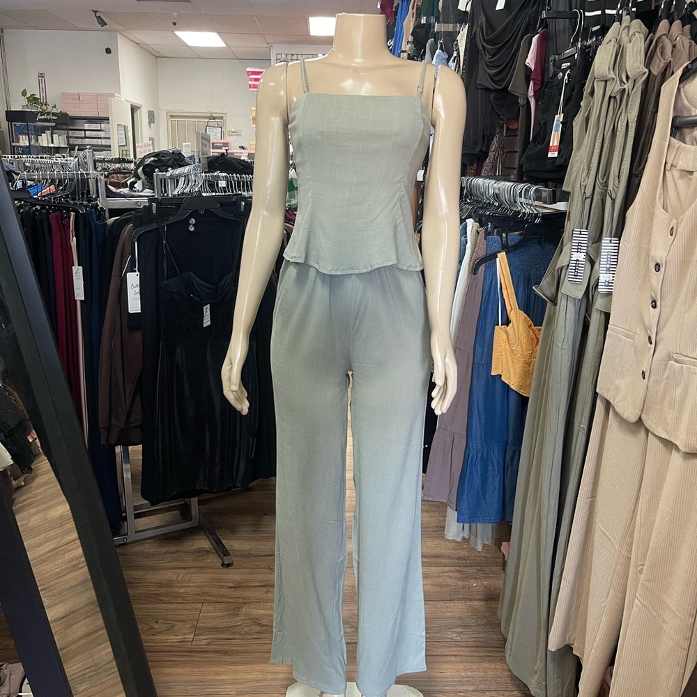 Sleeveless Square-Neck Wide-Leg Jumpsuit in Sage